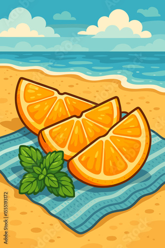 Vibrant orange fruit slices with fresh mint leaves on striped towel at sunny sandy beach, summer tropical seaside picnic, refreshing citrus snack, cartoon vector illustration, ocean background