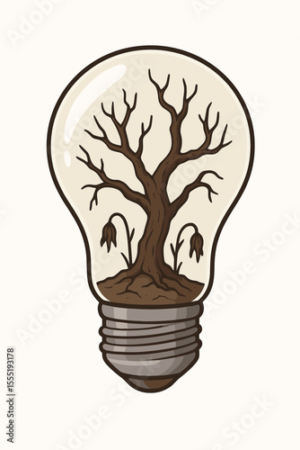 Conceptual dead tree inside light bulb. Dried nature, withered flowers, barren branches. Environmental crisis, energy depletion, ecology metaphor. Vector illustration, white background, no text.