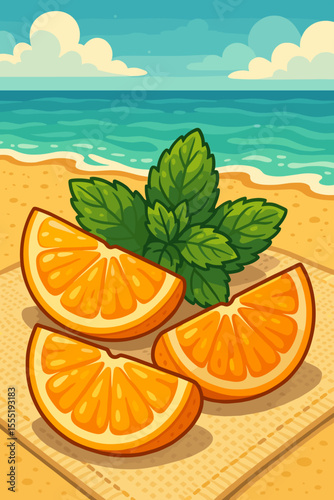 Fresh Orange Slices and Mint Leaves on Beach Picnic Blanket. Summer Citrus Fruit, Refreshing Herbs, Sandy Shore, Ocean Waves, Vacation Food, Healthy Snack. Vector Cartoon Illustration