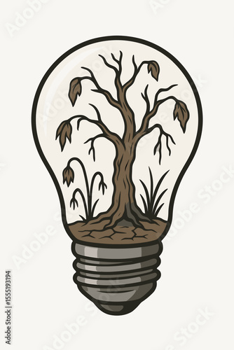 Dried Tree and Withered Plants Inside Light Bulb Symbolizing Environmental Crisis, Energy Waste, Drought, Climate Change, Nature Loss, Conceptual Vector Illustration on White Background