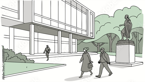 People walking near a modern building and statue green line art.