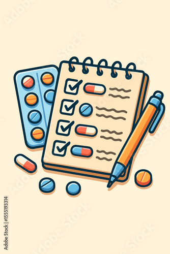Medication schedule checklist with pills, capsules, blister pack, spiral notepad, and pen. Pharmacy prescription management, daily dosage reminder, healthcare planning. Vector cartoon illustration