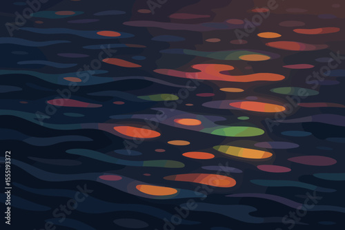 Dark water waves with colorful light reflections. Abstract vector background with neon glow. Calm sea surface at night with a soft focus bokeh effect. Liquid texture with vibrant shimmer.