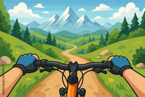 POV Cyclist Riding Mountain Bike on Scenic Green Trail with Snow-Capped Mountains. Adventure in Nature. Cartoon Flat Vector Illustration. Hands Gripping Handlebars.