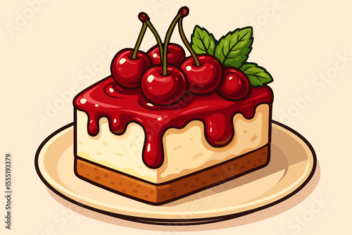 Decadent cherry cheesecake slice with fresh ripe cherries, glossy cherry sauce, and vibrant mint leaves garnish, vector cartoon dessert illustration, sweet bakery treat design