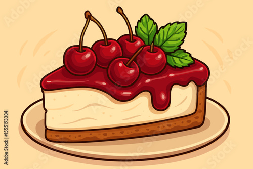 Slice of delicious cherry cheesecake with fresh berries and mint garnish. Vector cartoon illustration of a sweet dessert for bakery or cafe menu. Homemade creamy pastry with sauce.