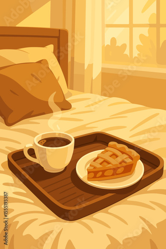 Cozy Breakfast in Bed with Hot Coffee and Slice of Pie, Sunlit Morning Bedroom Interior, Relaxing Comfort, Warm Light, Vector Cartoon Illustration, Home Leisure, Peaceful Start to Day