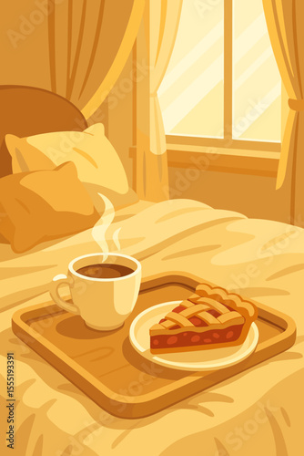 Cozy Morning Breakfast in Bed with Hot Coffee and Slice of Pie, Sunlit Bedroom Interior, Warm Yellow Tones, Relaxing Comfort, Vector Cartoon Illustration, No Text, Home Lifestyle Concept