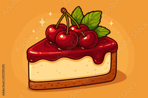 Decadent cherry cheesecake slice with glossy cherry topping, fresh ripe cherries, mint leaves garnish, creamy dessert vector illustration, sweet pastry, bakery treat