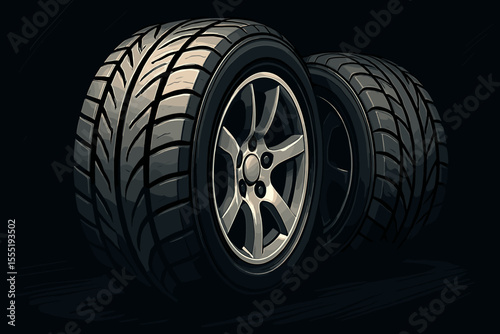 Car wheel vector illustration. High-performance sport racing tires with shiny alloy rims. Automotive vehicle part for car service, maintenance, or tire shop on a black background.