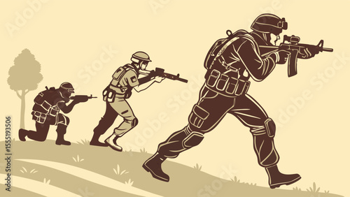 Three Soldiers in Combat Tactical Maneuvers Military Illustration.