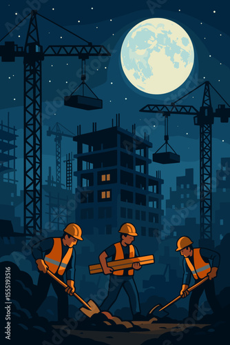 Night construction site with workers in safety vests and helmets, cranes lifting materials, unfinished buildings, city skyline, full moon, teamwork, urban development, vector illustration