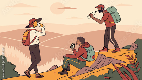 Three hikers taking a break on a mountain trail.
