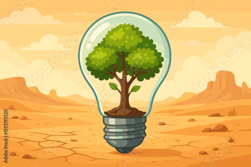 Eco-friendly lightbulb with thriving green tree inside, symbolizing nature, growth, sustainability, clean energy, conservation, and life in an arid desert landscape.
