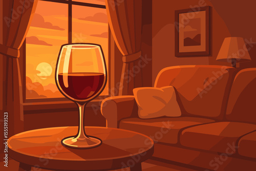 Glass of red wine on table in cozy living room interior. Relaxing evening at home, watching the sunset through the window. Concept of comfort, solitude, and unwinding. Vector.