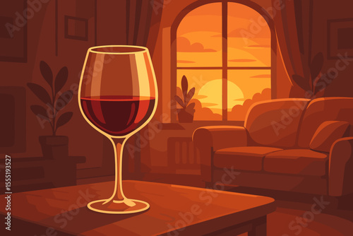 Sophisticated Wine Glass in Cozy Living Room Sunset Glow, Relaxing Evening Ambiance, Tranquil Domestic Scene, Warm Interior, Cartoon Vector Illustration