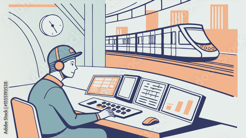 Train Dispatcher Monitoring Subway System with Modern Train Illustration.