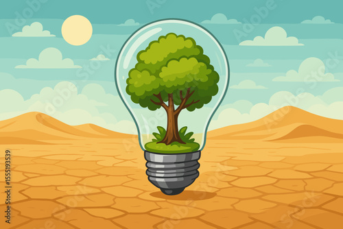 Eco-friendly concept of sustainability and green energy. A thriving tree grows inside a lightbulb in a barren desert, a metaphor for hope, innovation, and climate solutions.