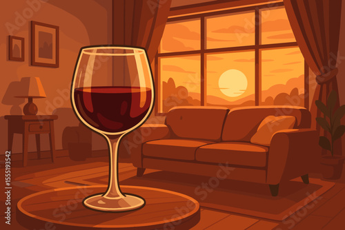 Glass of red wine in a cozy living room. Relaxing evening at home concept with sunset view through the window. Unwinding and tranquility vector illustration for hygge lifestyle.