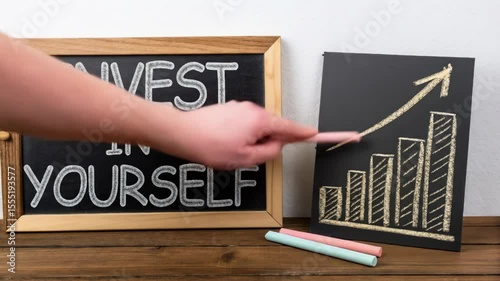 Invest in Yourself: Chalkboard Growth Chart - A hand reaches for chalk to add to a chalkboard displaying a positive growth chart, alongside another chalkboard that reads 