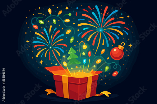Festive open gift box with colorful fireworks, sparkling lights, and vibrant ornaments. Celebrating Christmas, New Year, and holidays. Winter celebration party vector cartoon.