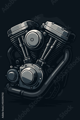 Classic V-Twin Motorcycle Engine Close-Up. Powerful chrome motorbike motor. Detailed mechanical parts. Vintage custom chopper engine. Dark moody background. Vector illustration for automotive design.