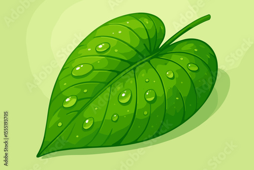 Fresh green tropical plant leaf with glistening water droplets after rain. Beautiful cartoon vector illustration of natural dew drops on vibrant foliage.