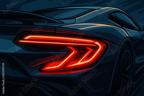 Dynamic Futuristic Sports Car Rear Taillight Design. Modern Automotive Vector Art. Illuminated Red LED Lights on Luxury Supercar from Behind, Close-Up View. Night Driving Technology.