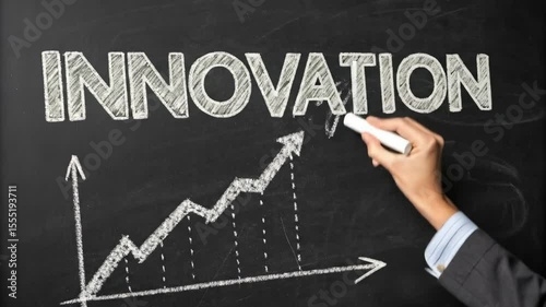 Innovation Growth Concept - A hand draws an upward trending graph next to the word 