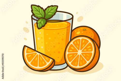 Fresh Squeezed Orange Juice with Mint Garnish and Sliced Oranges Vector Cartoon Illustration, Refreshing Citrus Drink, Healthy Beverage Concept, Summer Refreshment