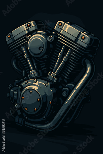 High Detail V-Twin Motorcycle Engine Close-Up. Powerful Custom Bike Motor. Chrome Mechanical Parts. Moody Dark Background. Vector Illustration for Garage, Repair, Mechanic, Engineering Concepts