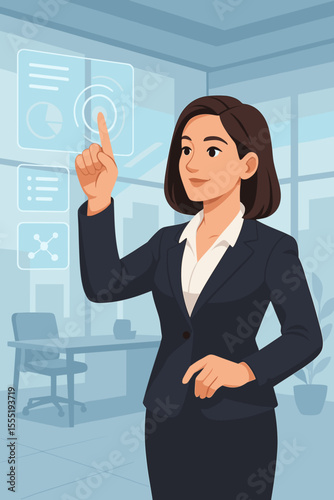 Businesswoman in formal suit using futuristic holographic touchscreen interface, selecting digital data charts in modern office interior, innovation technology concept, vector illustration