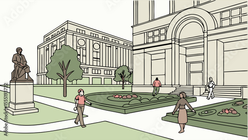 Urban Park Scene with Statue Buildings and People.