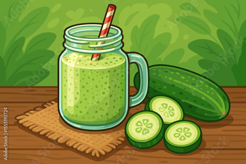 Healthy green smoothie with fresh cucumber in a mason jar. Vector cartoon illustration of a detox juice drink for a healthy diet. Vegan and organic refreshment concept on a wood table.