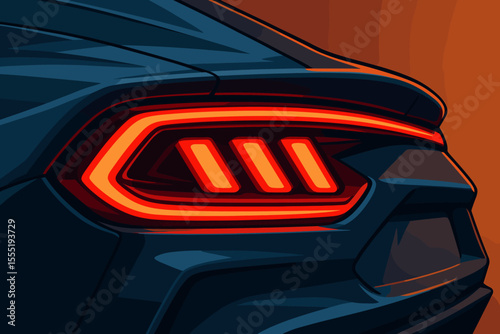 Futuristic sports car tail light close-up. Vector illustration of a modern supercar's glowing red LED lamp. Automotive design concept of power, speed, and luxury vehicle detail.