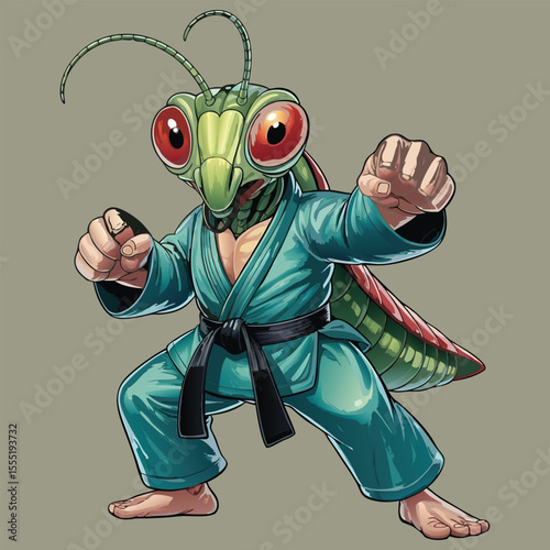 Cartoon karate grasshopper in teal gi ready for combat with black belt posing aggressively