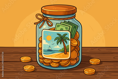 Vacation fund concept with a glass savings jar full of money, coins, and banknotes. Saving for a dream beach holiday. Financial planning, investment, and budgeting for a travel goal.