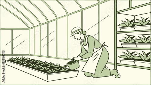 Woman Gardening in a Greenhouse with Plants.