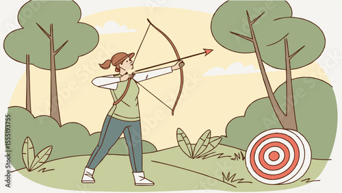 Woman Archery in a Peaceful Forest Setting.