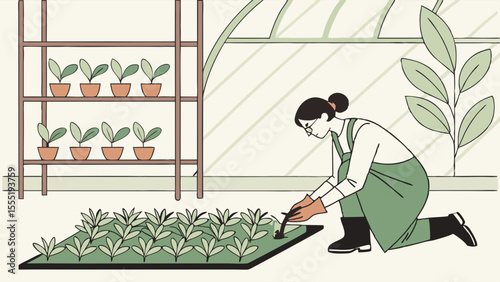 Woman Gardening in Greenhouse with Potted Plants and Seedlings.