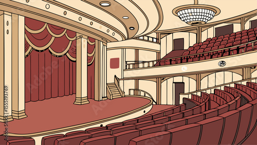 Vintage Theater Interior Stage Seats and Balcony.