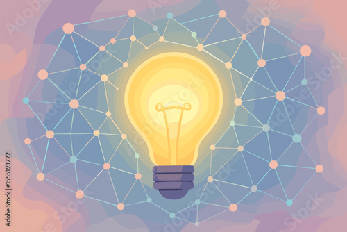 Glowing light bulb symbolizing idea, creativity, and innovation. Abstract concept of network, connection, and technology. Brainstorming and solution finding metaphor. Vector cartoon.