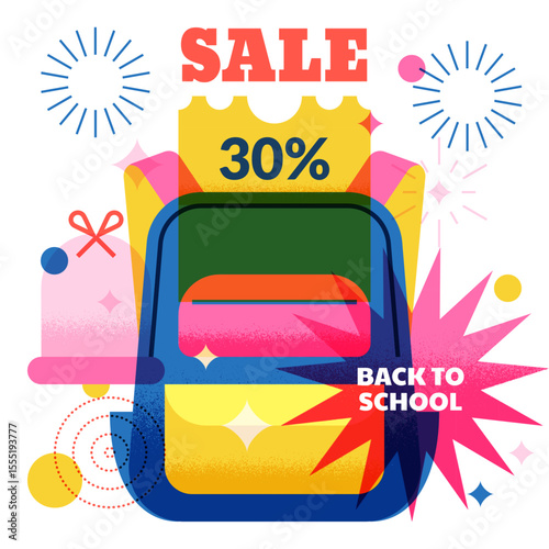 Back to school sale banner, poster, flyer design. Open backpack with discount coupon. Vector geometric flat illustration