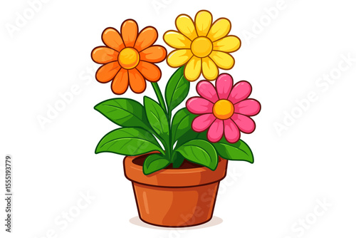 Colorful cartoon flowers in a pot vector illustration. Cute blooming houseplant with green leaves and vibrant daisies. Isolated spring garden plant for nature or floral design.