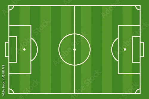 Empty top-down view of a vibrant green cartoon football soccer field with crisp white marking lines, perfect for sports design and game backgrounds