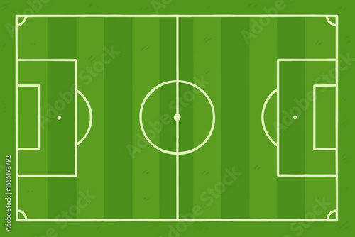Vibrant green soccer field with crisp white marking lines, top view cartoon illustration. Football pitch graphic for sports design, game backgrounds, and athletic concepts. Play, sport, game, ball
