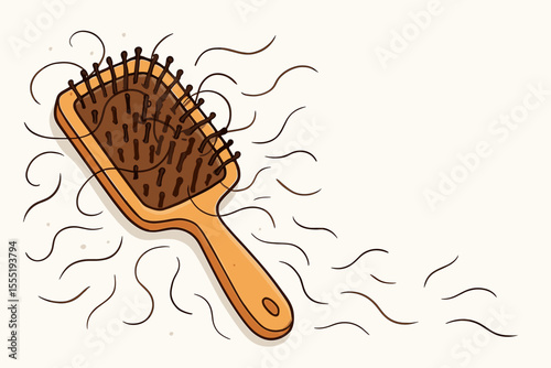 Hair loss concept, brush with shedding hair on white background. Alopecia, thinning hair, baldness. Female male problem. Medical condition. Cartoon vector illustration. Copy space design.