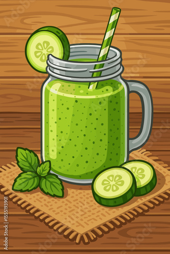 Refreshing cucumber detox smoothie in mason jar with straw, mint leaves, and sliced cucumber on burlap mat, healthy green vegetable drink, cartoon vector illustration, wooden background