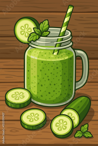 Fresh cucumber detox smoothie in mason jar with straw and mint, rustic wooden table, healthy green vegetable drink, sliced cucumber, refreshing summer beverage, cartoon vector illustration