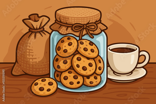 Delicious chocolate chip cookies in glass jar with burlap sack and cup of coffee on wooden table. Cozy homemade snack, rustic kitchen decor, sweet dessert, cartoon vector illustration.